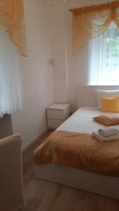 1 dormitorio con 1 cama grande y ventana en Villa Amber, en Bad Kissingen