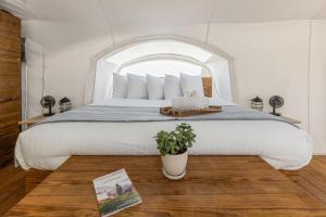 a bedroom with a large white bed with a plant on a wooden floor at Under Canvas Moab in Moab