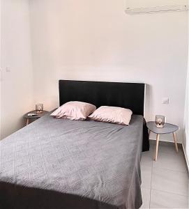 ein Schlafzimmer mit einem Bett mit zwei rosa Kissen und einem Tisch in der Unterkunft Plein Vent in Petit-Bourg