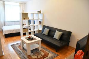 a living room with a black couch and a table at Apartman Roses in Lukavica