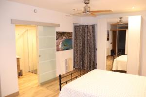 1 dormitorio con 1 cama y ventilador de techo en Loft romàntic Ca l'Enric Viqué-Baix Empordà, en Regencós