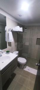 a bathroom with a toilet and a sink and a shower at Apartahotel San Gil Plaza in San Gil
