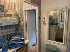 ein Badezimmer mit einem Spiegel und einem Waschbecken in der Unterkunft Chalet Sint Barbara in Zutendaal