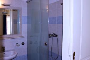 a bathroom with a shower and a sink at Koukounaries Apartments Limni in Límni +32 photos