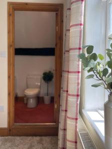a bathroom with a toilet and a shower curtain at The Talbot at Knightwick in Broadwas