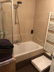 a bathroom with a shower and a bath tub at Gemütliche 3 Zimmer Wohnung in Frauenhofen