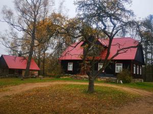 a red roofed house with a red roof at Zirgu sēta "Klajumi" - Horse ranch "Klajumi" in Kaplava