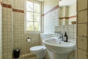 a bathroom with a sink and a toilet and a window at Mädesüß 02 in Ahrenshoop +13 photos