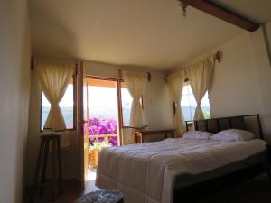 een slaapkamer met een bed en een groot raam bij Schatzi Lodge in Huaraz