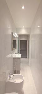 La salle de bains blanche est pourvue d'un lavabo et de toilettes. dans l'établissement Strada Maggiore 37, à Bologne