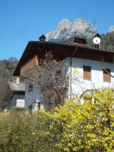 a building with a mountain in the background at B&B Sòl Fiorì in Agordo