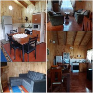Una cocina y una sala de estar con mesa y sillas. en Cabañas Genesis, en Choshuenco