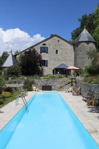 a large swimming pool in front of a stone house at Château de Sothonod in Sothonod