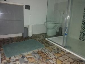 a bathroom with a shower and a toilet and a rug at Beautiful 2-Bed House in Saint-Leger-Magnazeix in Saint-Léger-Magnazeix