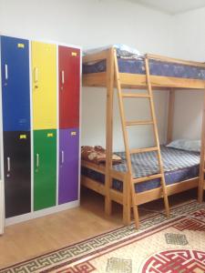 a bunk bed room with two bunk beds and a ladder at Sunpath Mongolia Tour & Hostel in Ulaanbaatar
