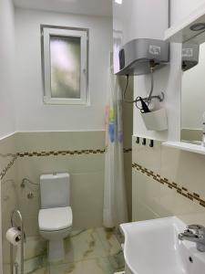La salle de bains est pourvue de toilettes et d'un lavabo. dans l'établissement Soba Lilly, à Palić