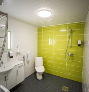 a bathroom with a toilet and a green wall at Bed and Breakfast Artjärvi in Artjärvi