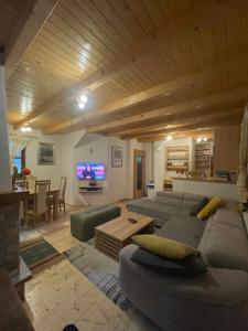 ein großes Wohnzimmer mit Sofas und einem Fernseher in der Unterkunft Vikendica Vjeverica in Risovac