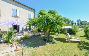 einen Garten mit einem Baum, Stühlen und einem Regenschirm in der Unterkunft Amazing Apartment In Avignon With Wifi in Avignon