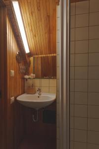 a bathroom with a sink and a mirror at Namelis prie Magnolijos in Druskininkai +45 photos
