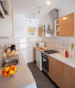 a kitchen with a sink and a stove top oven at City Centre Apartment in Sibiu