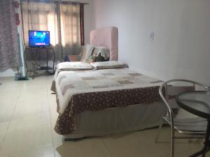 a bedroom with a bed and a table and a tv at SUITE - CIDADE das CACHOEIRAS in Santa Rita de Jacutinga