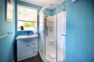 een blauwe badkamer met een douche en een wastafel bij Spa pool Treat in Taupo