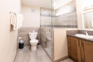 a bathroom with a shower and a toilet and a sink at Radium Chalet in Radium Hot Springs