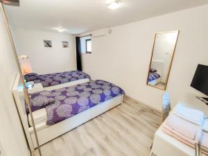 um quarto com uma cama roxa e um espelho em Tranquil City Haven close to Airport & Basel em Saint-Louis