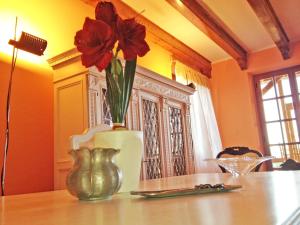 un jarrón con una flor roja en una mesa en Villa Margiò, en Torri del Benaco
