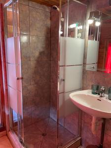 een badkamer met een douche en een wastafel bij La casita de invitados in Denia