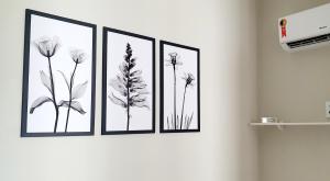 cuatro cuadros de flores en una pared en APARTAMENTO CONFORTAVEL em Petrolina 2 quartos com ar cond e Wi-Fi 100MB en Petrolina