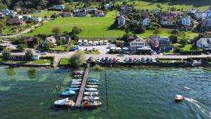 un grupo de barcos atracados en un muelle en el agua en Hotel Seestern en Berlingen