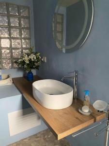 a bathroom with a large white sink on a wooden counter at Le Vele Carloforte in Carloforte