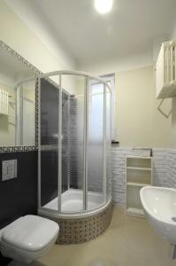 a bathroom with a shower and a toilet and a sink at Apartamenty Weneckie in Zielona Góra