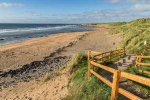 a wooden bench on the side of a beach at 1844 Seascape Cottage in Fanore