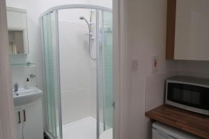 a bathroom with a shower and a toilet and a television at The Old Stables, Whitehall Farmhouse, Oakington in Cambridge