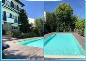 - deux photos d'une piscine à côté d'une maison dans l'établissement Villa Ainherak Hypercentre Piscine, à Bayonne
