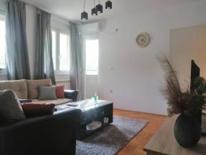 een woonkamer met een bank en een salontafel bij Apartman River in Sremska Mitrovica