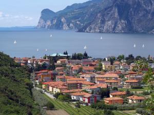 une ville sur une colline à côté d'une masse d'eau dans l'établissement Villa Emma, à Nago-Torbole