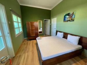 a bedroom with a bed in a room with green walls at Residencial Avenida Geovanni in São Tomé