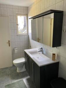 a bathroom with a sink and a toilet and a mirror at Dorfschenke in Siegen