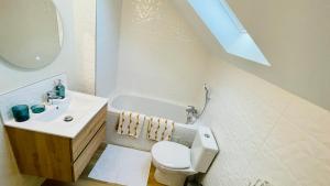 a bathroom with a white toilet and a sink at A la Clef - Studio Terre de feu proche gare et centre in Le Mans
