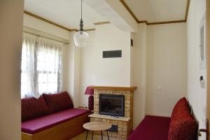 a living room with a couch and a fireplace at NUCA GUESTHOUSE in Metsovo