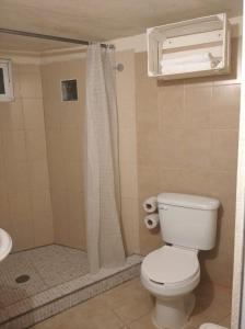 La salle de bains est pourvue d'une douche et de toilettes. dans l'établissement Departamento a 5 minutos de playa Mismaloya, Puerto Vallarta, à Puerto Vallarta