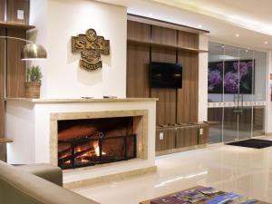 a living room with a fireplace and a tv at Sky Premium Hotel Gramado - Ótima Localização in Gramado