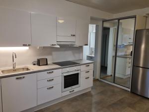 ロヴァニエミにあるPolaris Homes for Youのキッチン(白いキャビネット、ステンレス製の冷蔵庫付)
