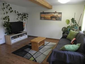 - un salon avec un canapé et une télévision dans l'établissement Ausseer Kleeblatt, à Bad Aussee