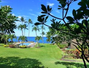 um jardim com palmeiras e uma piscina em Mahina Surf - Lahaina, HI by TS em Lahaina
