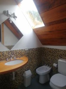 uma casa de banho com um lavatório, um WC e uma clarabóia em Wesley House em San Martín de los Andes